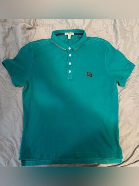 Vintage Burberry London Brit Green Polo Shirt W/ Gold Trim Equestrian Knight XL